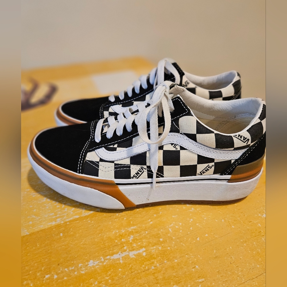 Stacked Vans Black and White Checkerboard Platform Shoes Excellent Condition